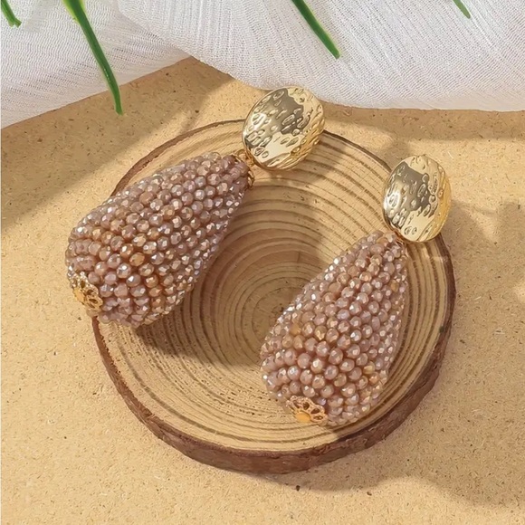 Jewelry - Tan Hand Wrapped Crystal Bead Drop Earrings
